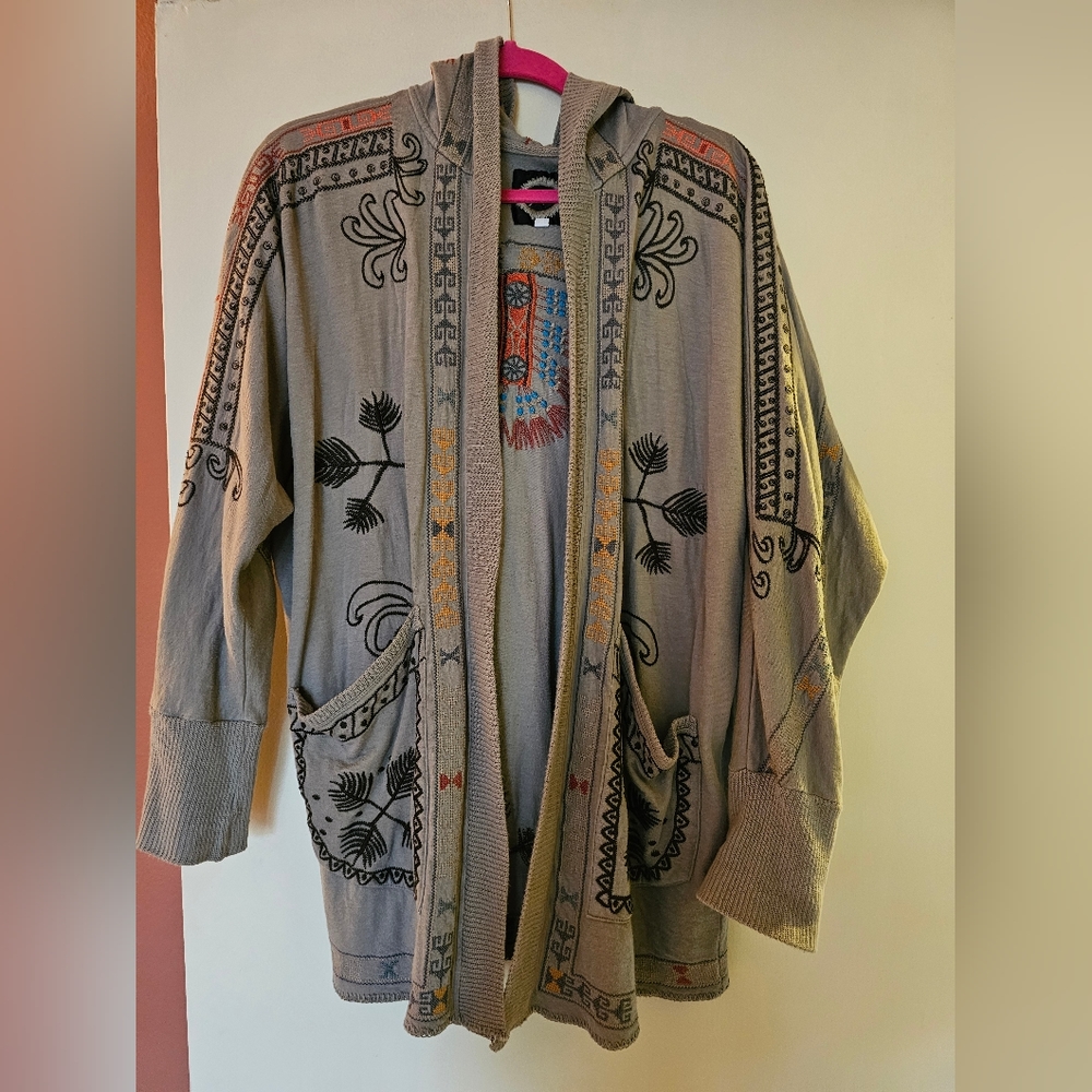 Johnny Was BIYA Hoodie Cardigan Embroidered Rare Khaki Green/Gray M